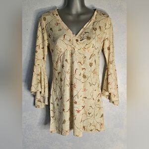 WHITE MOON Juniors Beige Leaf V-Neck Bell Sleeve Tie Blouse L